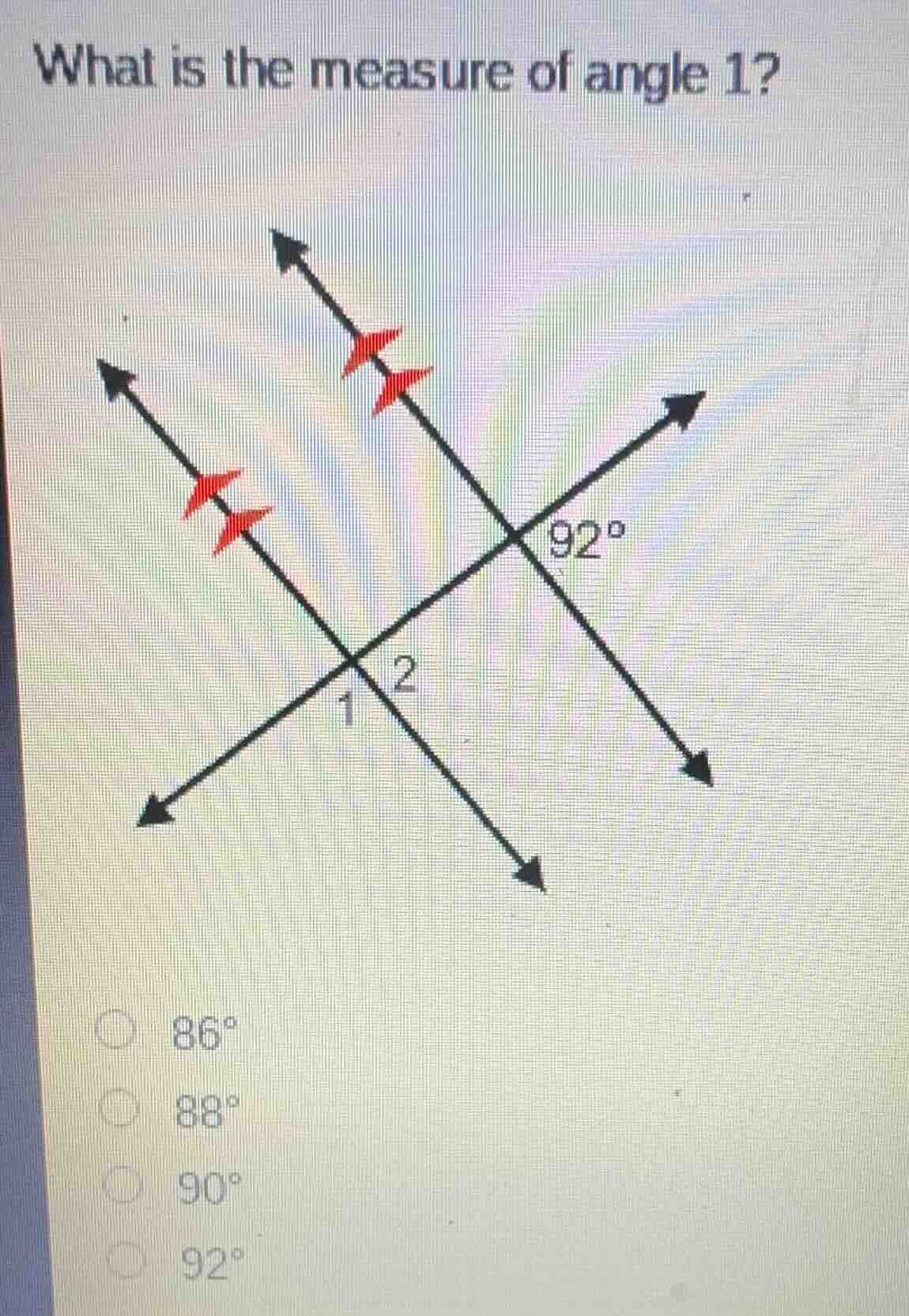 what is the measure of angle 1? $86^circ$ $88^circ$ $90^circ$ $92^circ$