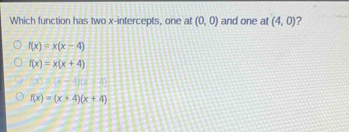 which function has two x-intercepts, one at (0, 0) and one at (4, 0)? $…