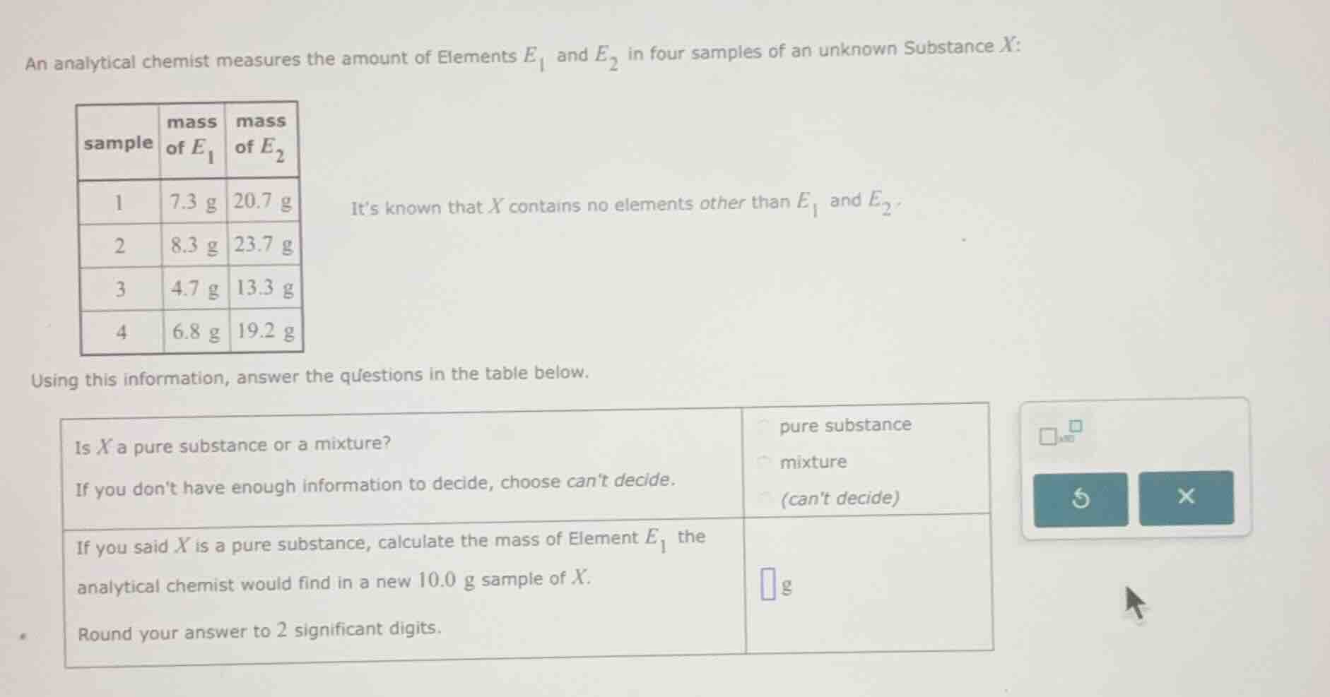 an analytical chemist measures the amount of elements $e_1$ and $e_2$ i…