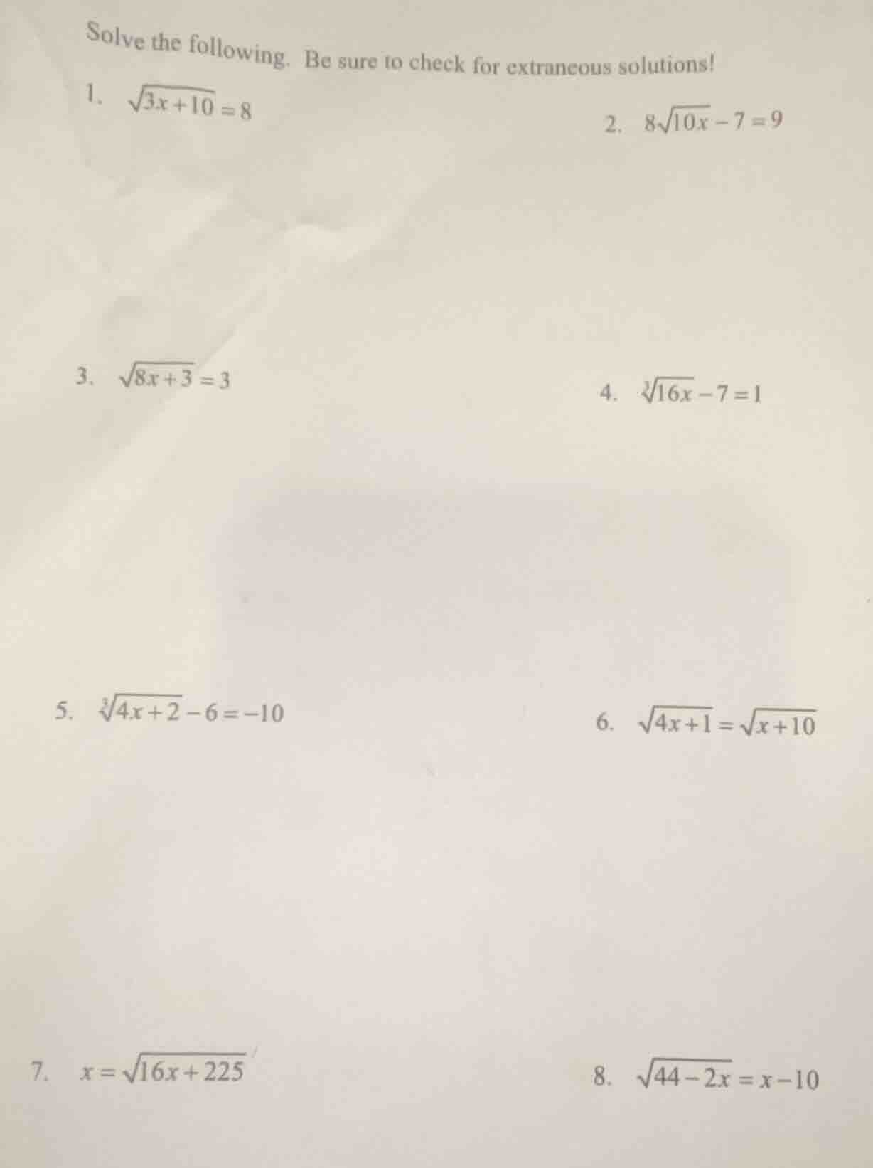 solve the following. be sure to check for extraneous solutions! 1. $sqr…