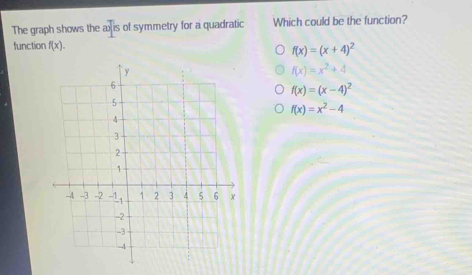 the graph shows the axis of symmetry for a quadratic function $f(x)$. w…
