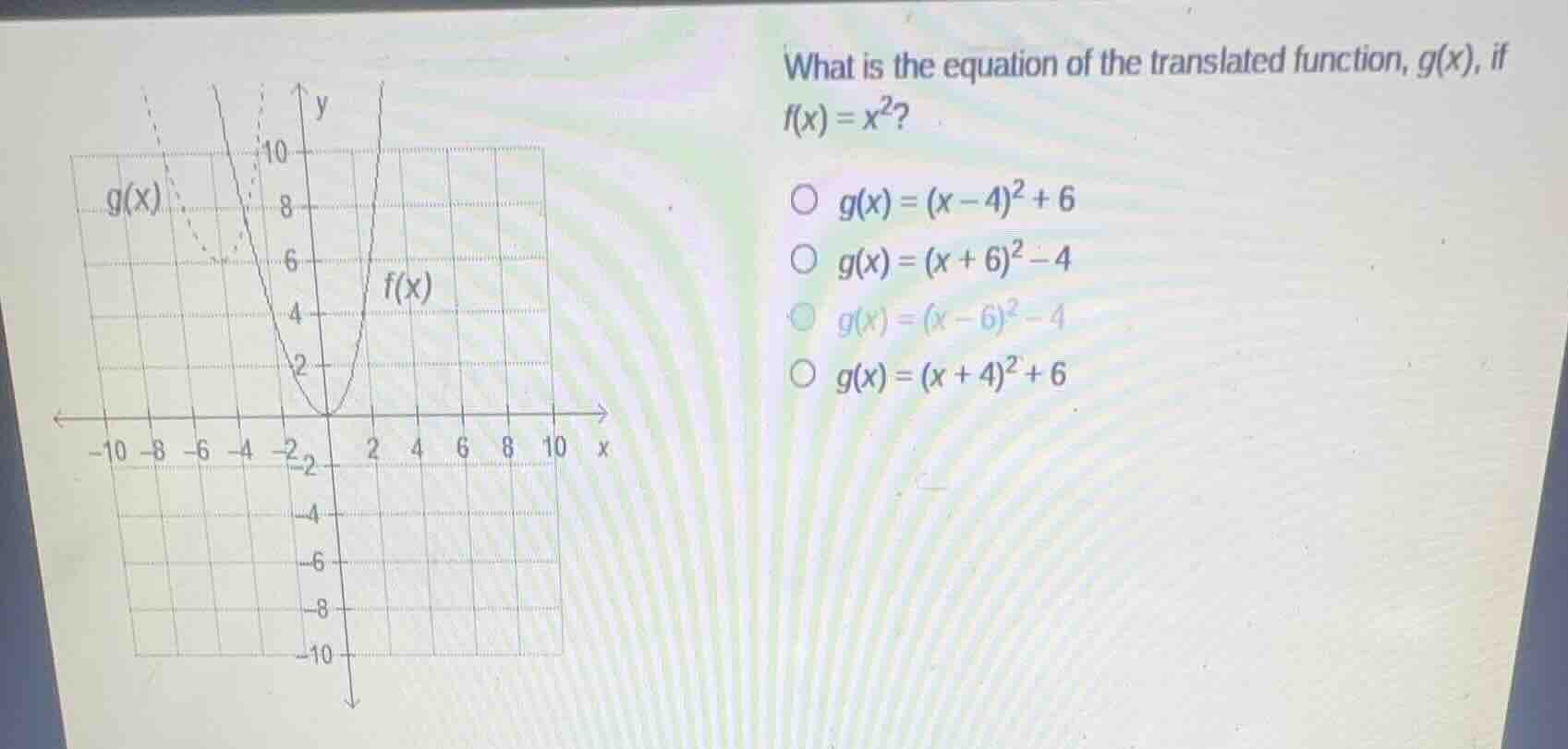 what is the equation of the translated function, $g(x)$, if $f(x)=x^2$?…