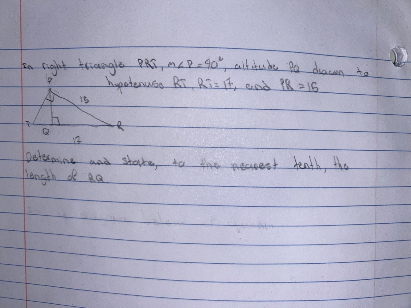 in right triangle prt, $m\\angle p=90^{\\circ}$, altitude pq drawn to h…