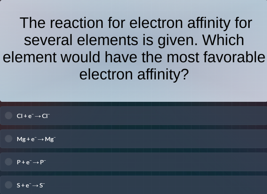 the reaction for electron affinity for several elements is given. which…