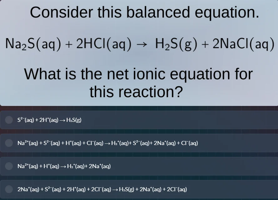 consider this balanced equation.$ce{na_{2}s(aq) + 2hcl(aq) -> h_{2}s(g)…