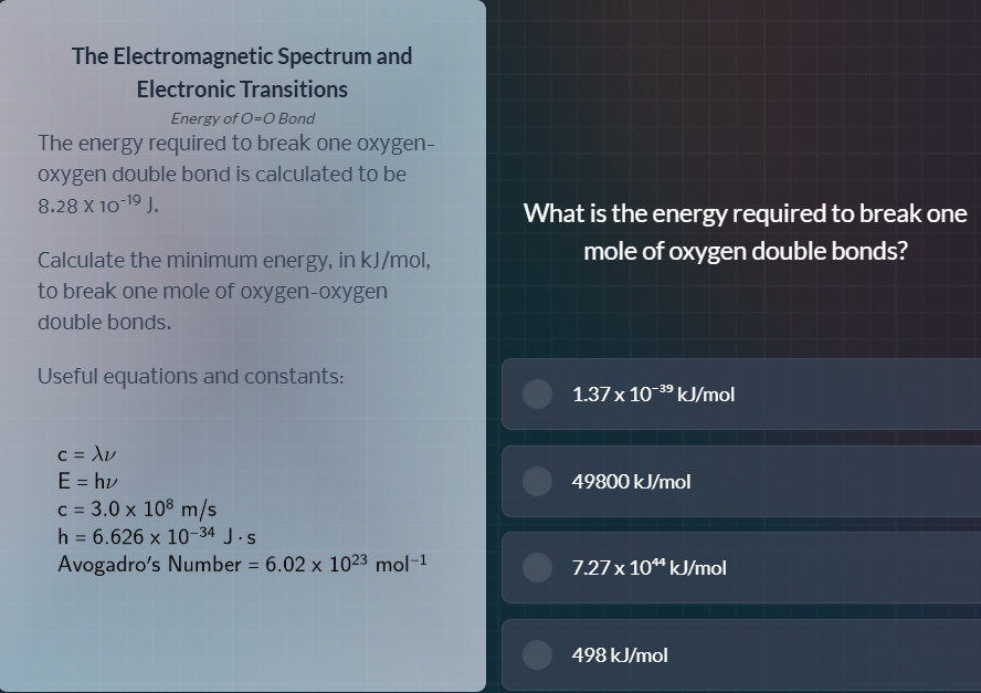 the electromagnetic spectrum and electronic transitionsenergy of o=o bo…