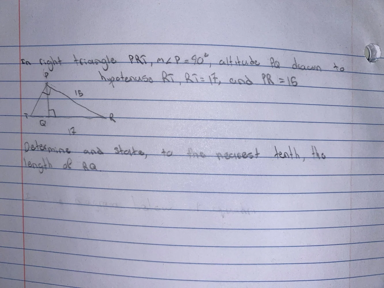 in right triangle prt, $m\\angle p=90^{\\circ}$, altitude pq drawn to h…