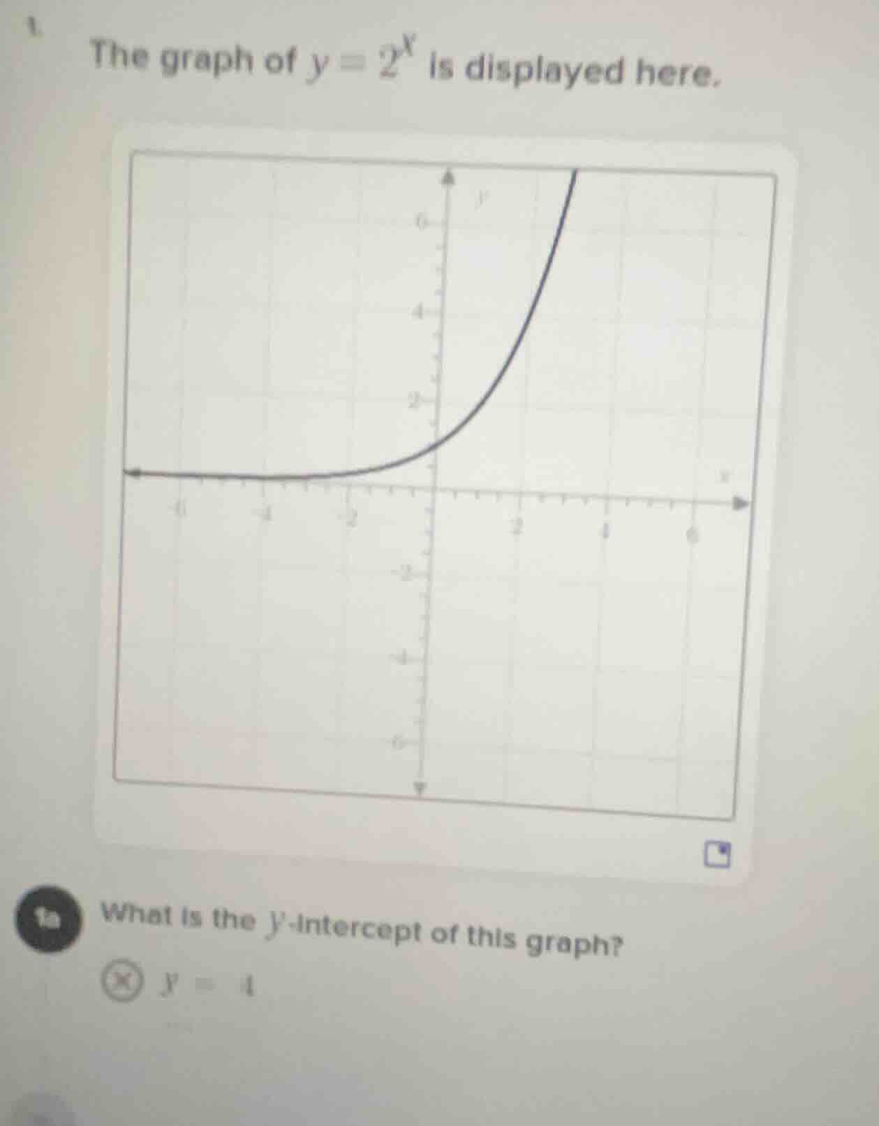 1. the graph of $y=2^x$ is displayed here. 1a what is the $y$-intercept…
