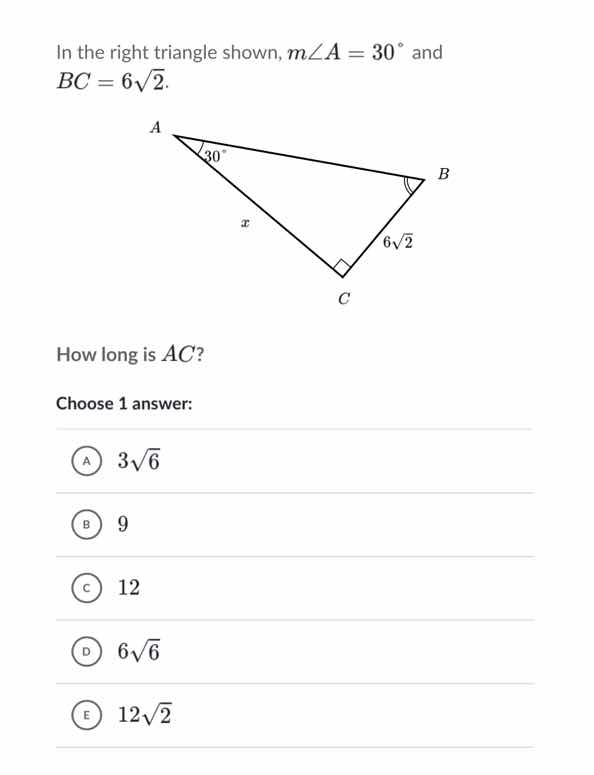 in the right triangle shown, $m\\angle a = 30^{\\circ}$ and $bc = 6\\sq…