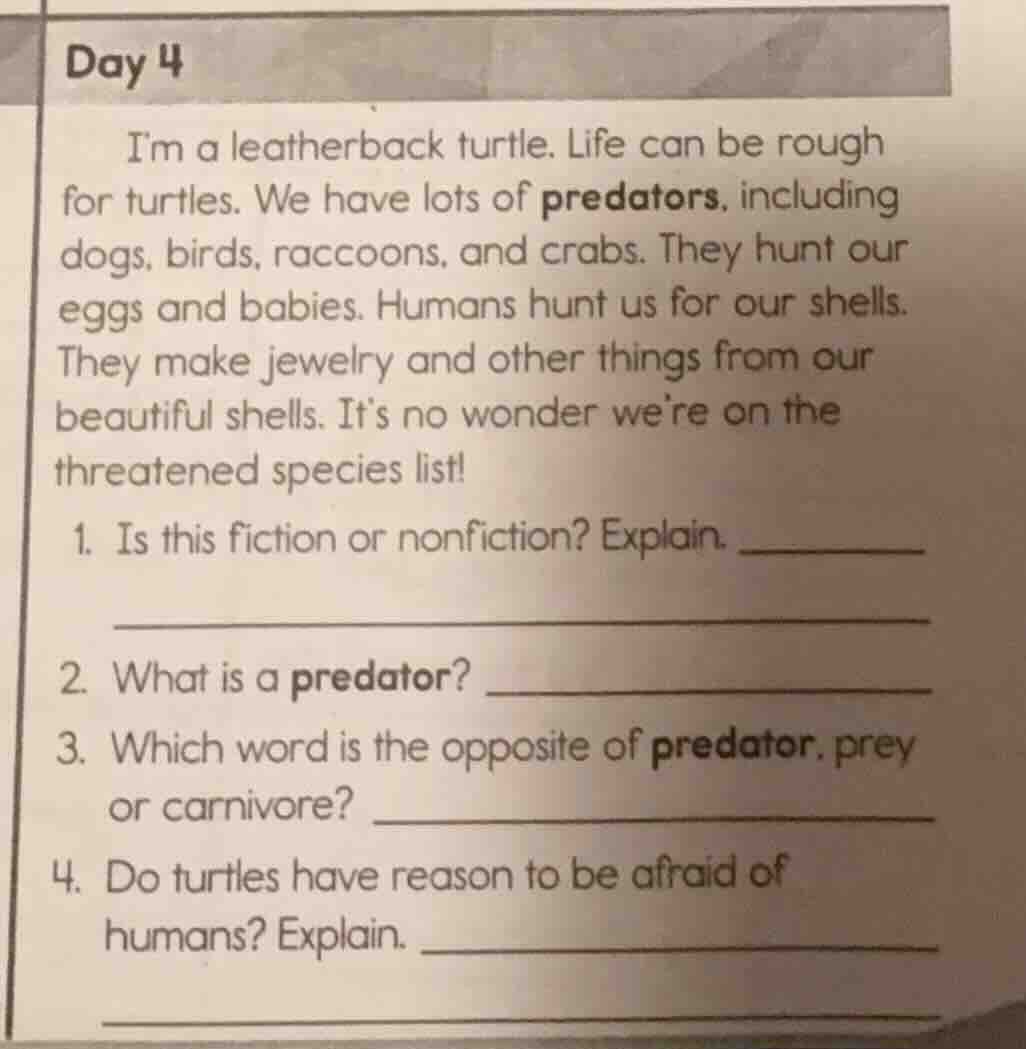 day 4 im a leatherback turtle. life can be rough for turtles. we have l…