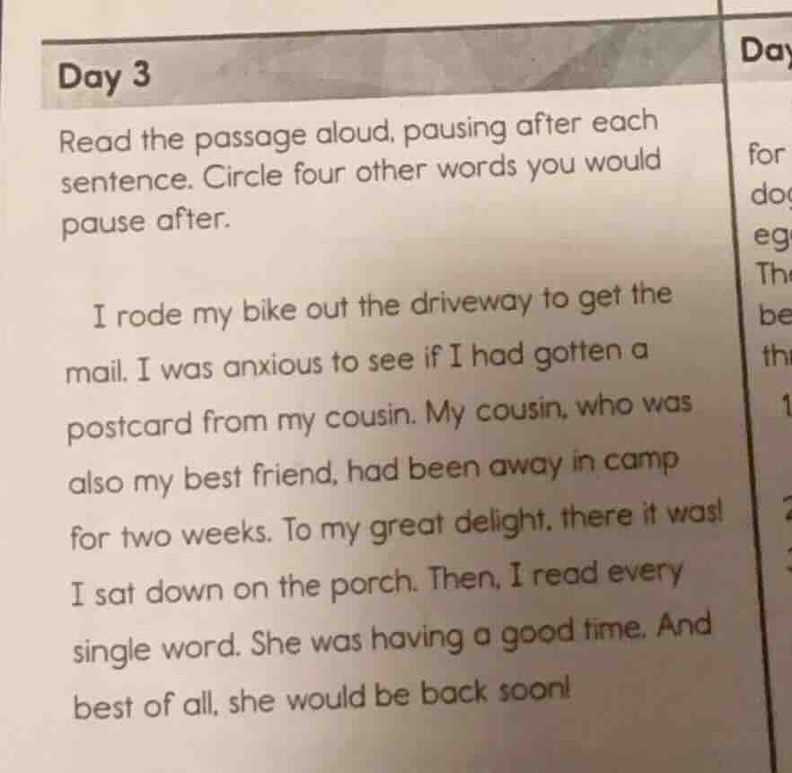 day 3 read the passage aloud, pausing after each sentence. circle four …