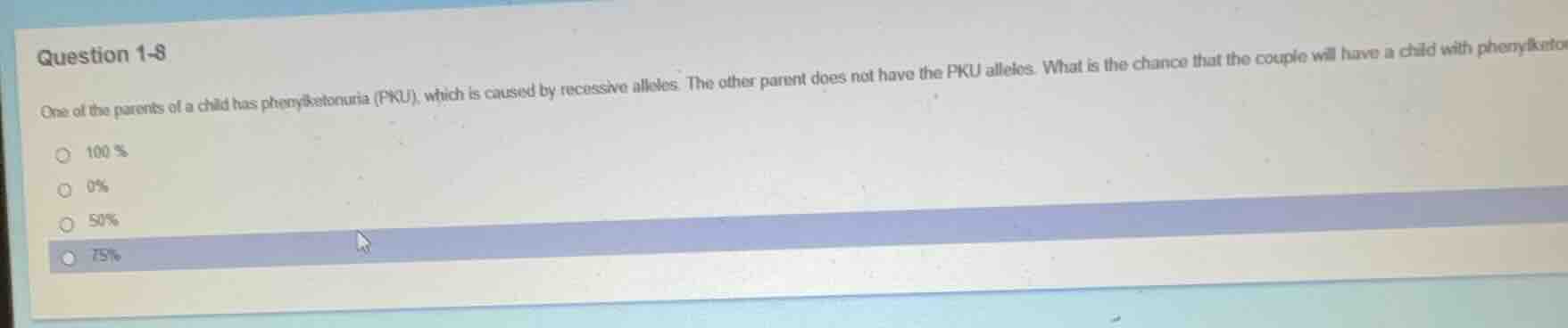 question 1-8 one of the parents of a child has phenylketonuria (pku), w…