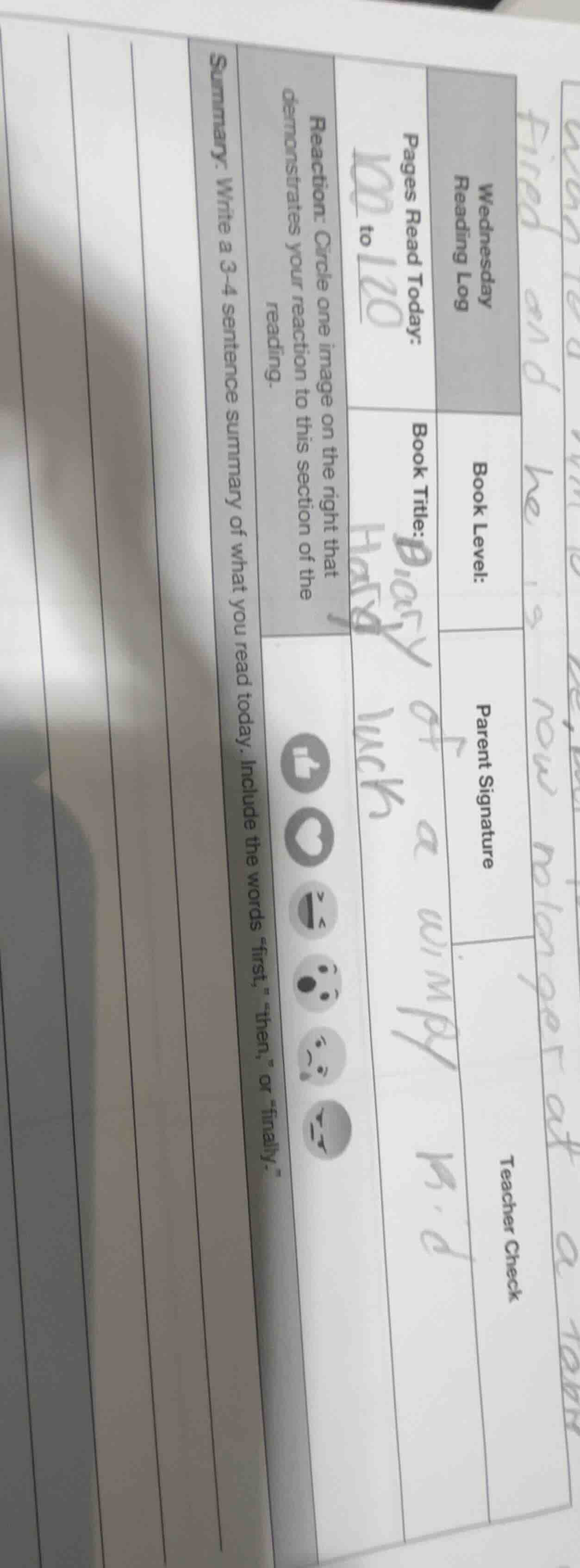 wednesday reading log book level: pages read today: 100 to 120 book tit…