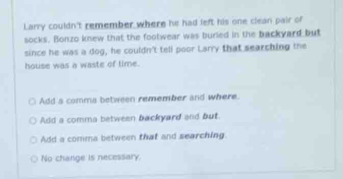 larry couldnt remember where he had left his one clean pair of socks. b…