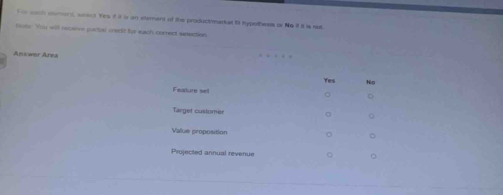 for each element, select yes if it is an element of the product/market …