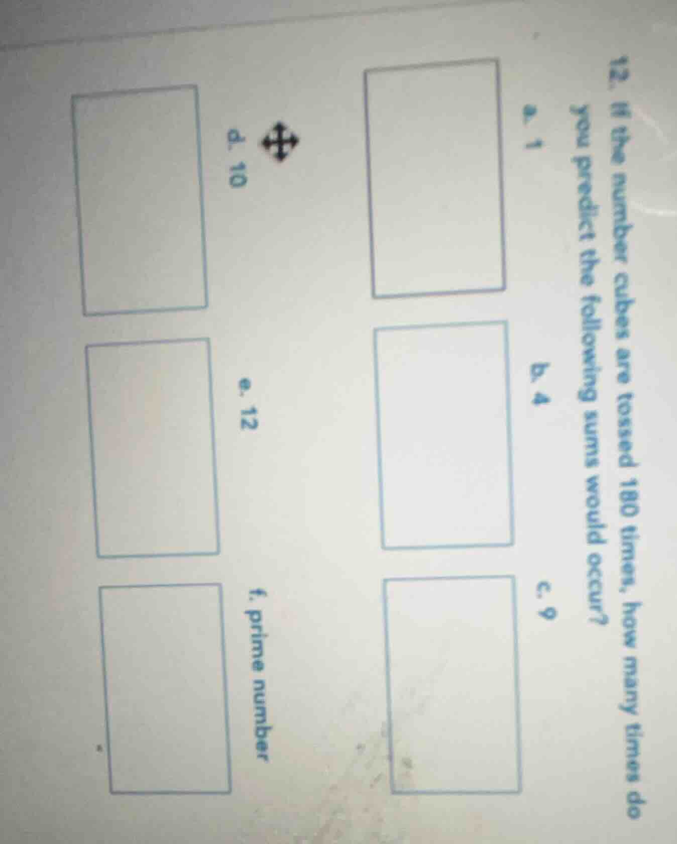 12. if the number cubes are tossed 180 times, how many times do you pre…