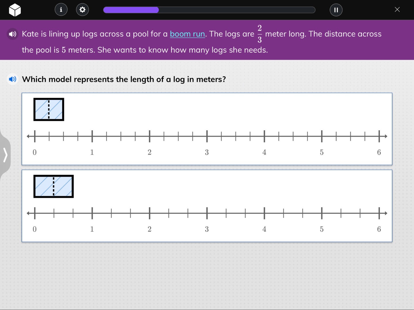 kate is lining up logs across a pool for a boom run. the logs are $\fra…