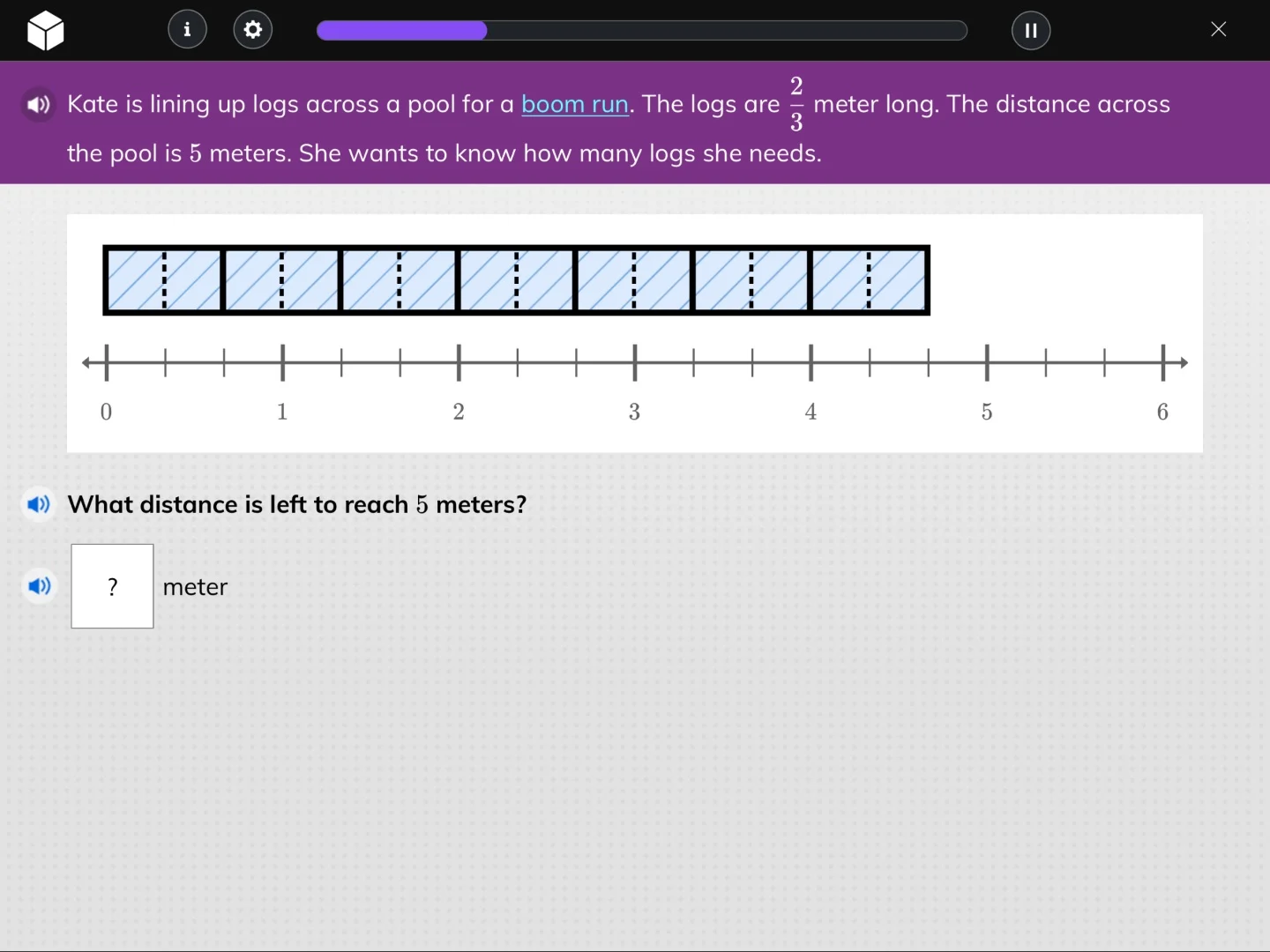 kate is lining up logs across a pool for a boom run. the logs are $\fra…