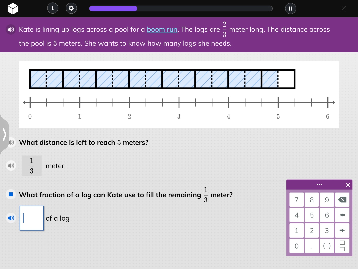 kate is lining up logs across a pool for a boom run. the logs are $\fra…
