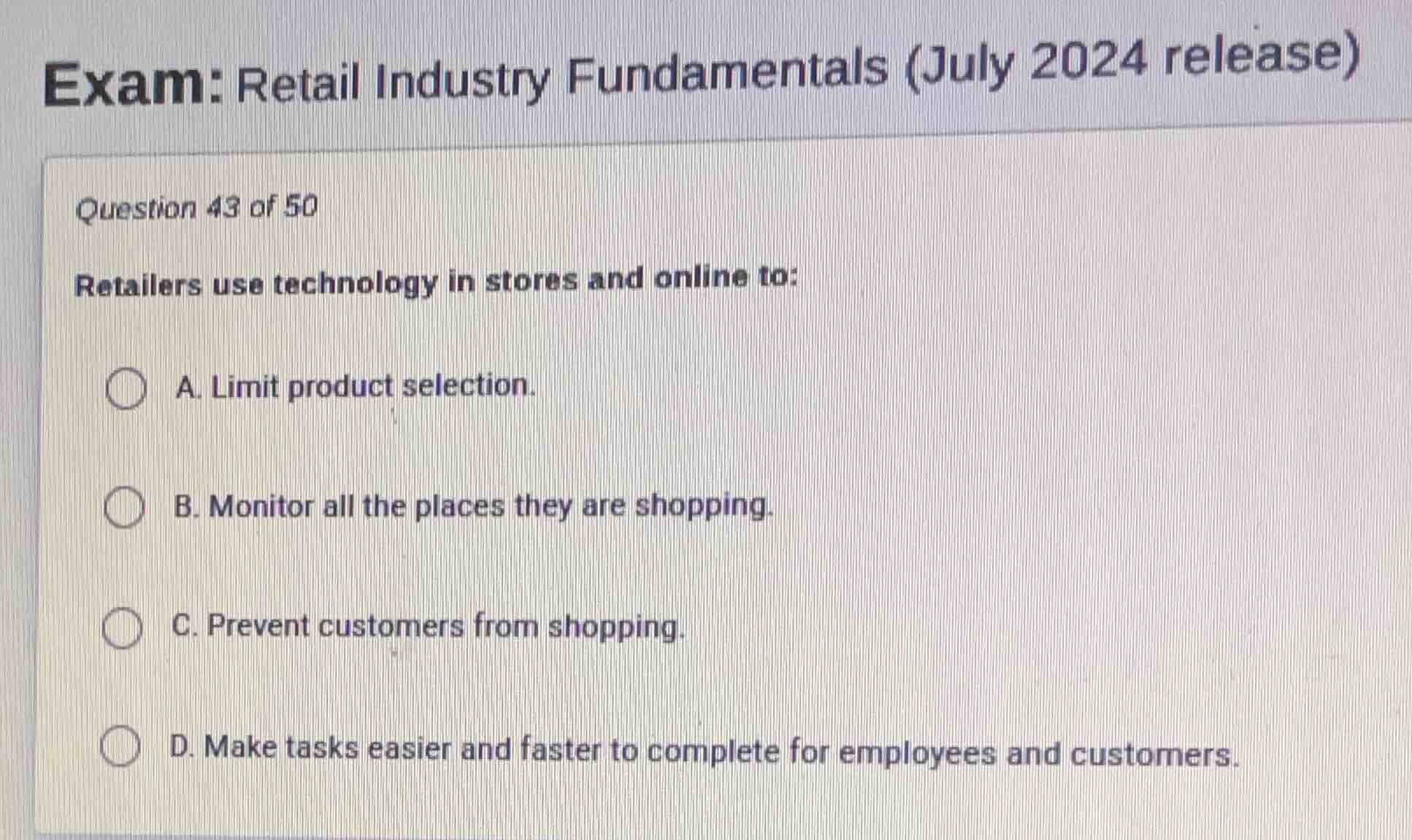 exam: retail industry fundamentals (july 2024 release) question 43 of 5…