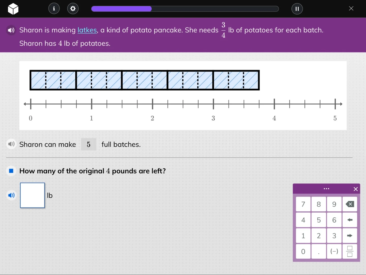 sharon is making latkes, a kind of potato pancake. she needs $\frac{3}{…