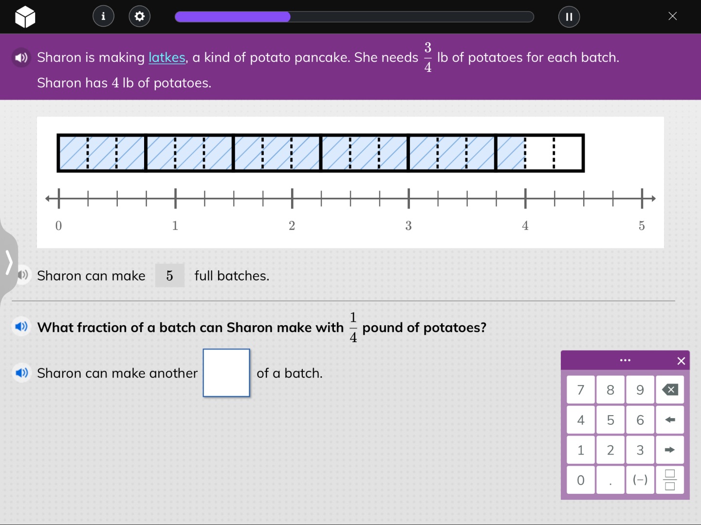 sharon is making latkes, a kind of potato pancake. she needs $\frac{3}{…