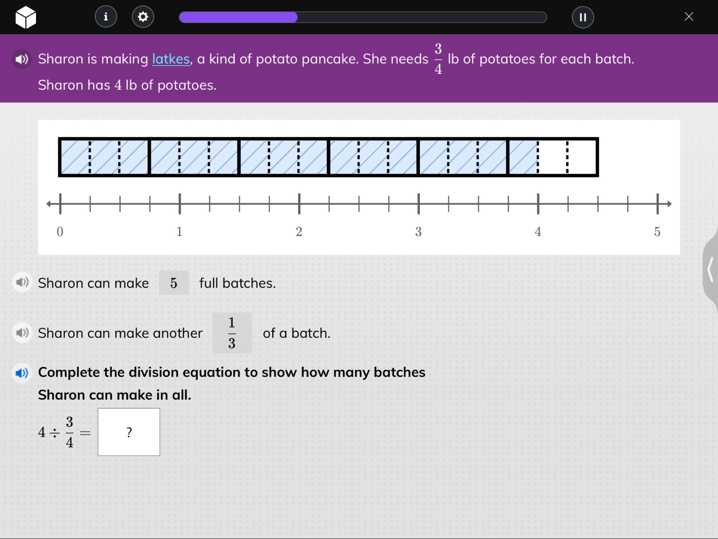 sharon is making latkes, a kind of potato pancake. she needs $\frac{3}{…