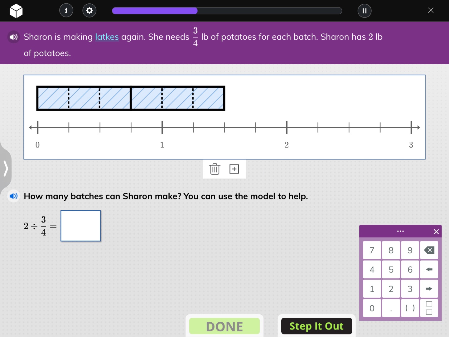 sharon is making latkes again. she needs $\frac{3}{4}$ lb of potatoes f…
