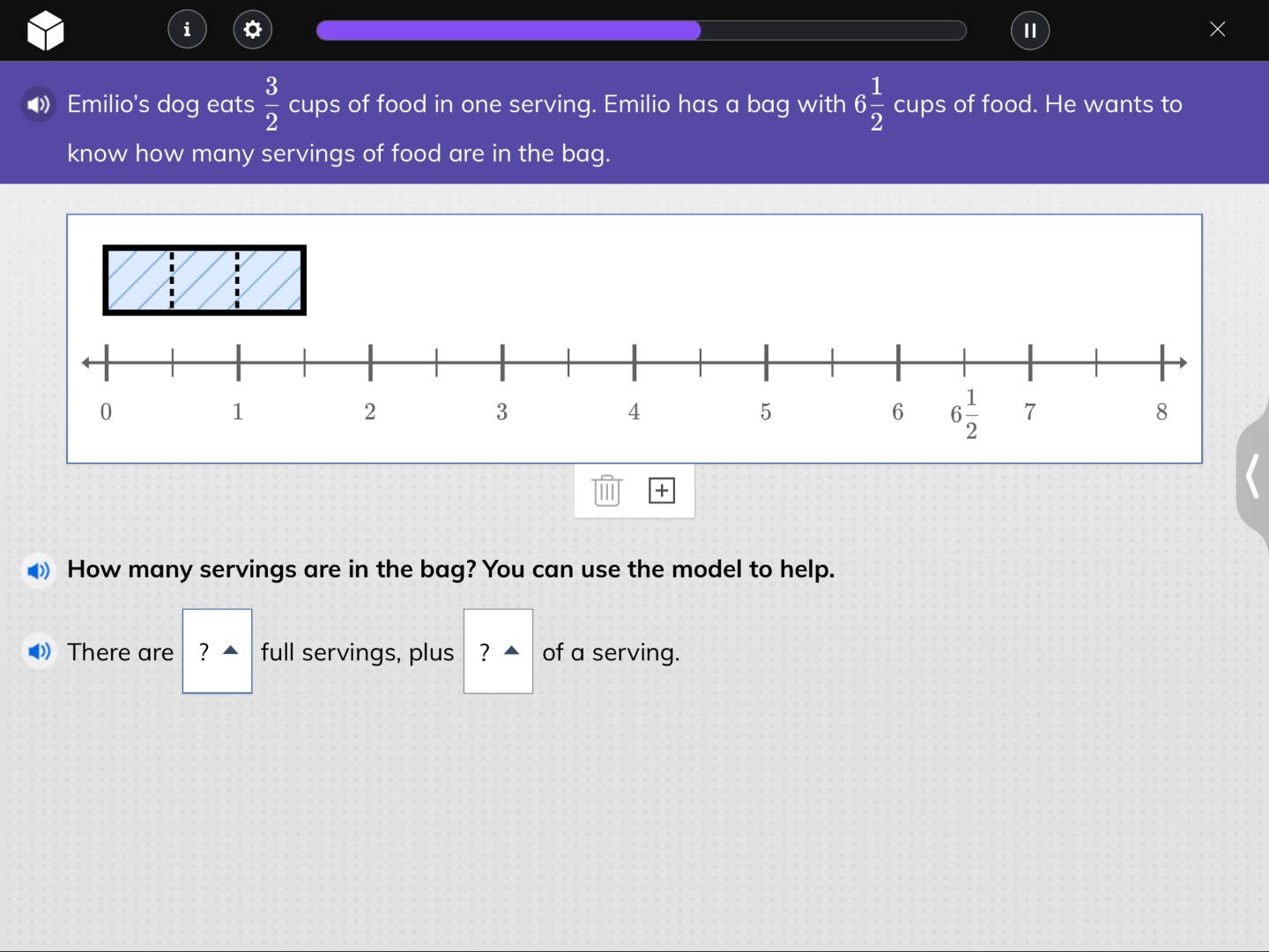 emilios dog eats $\frac{3}{2}$ cups of food in one serving. emilio has …