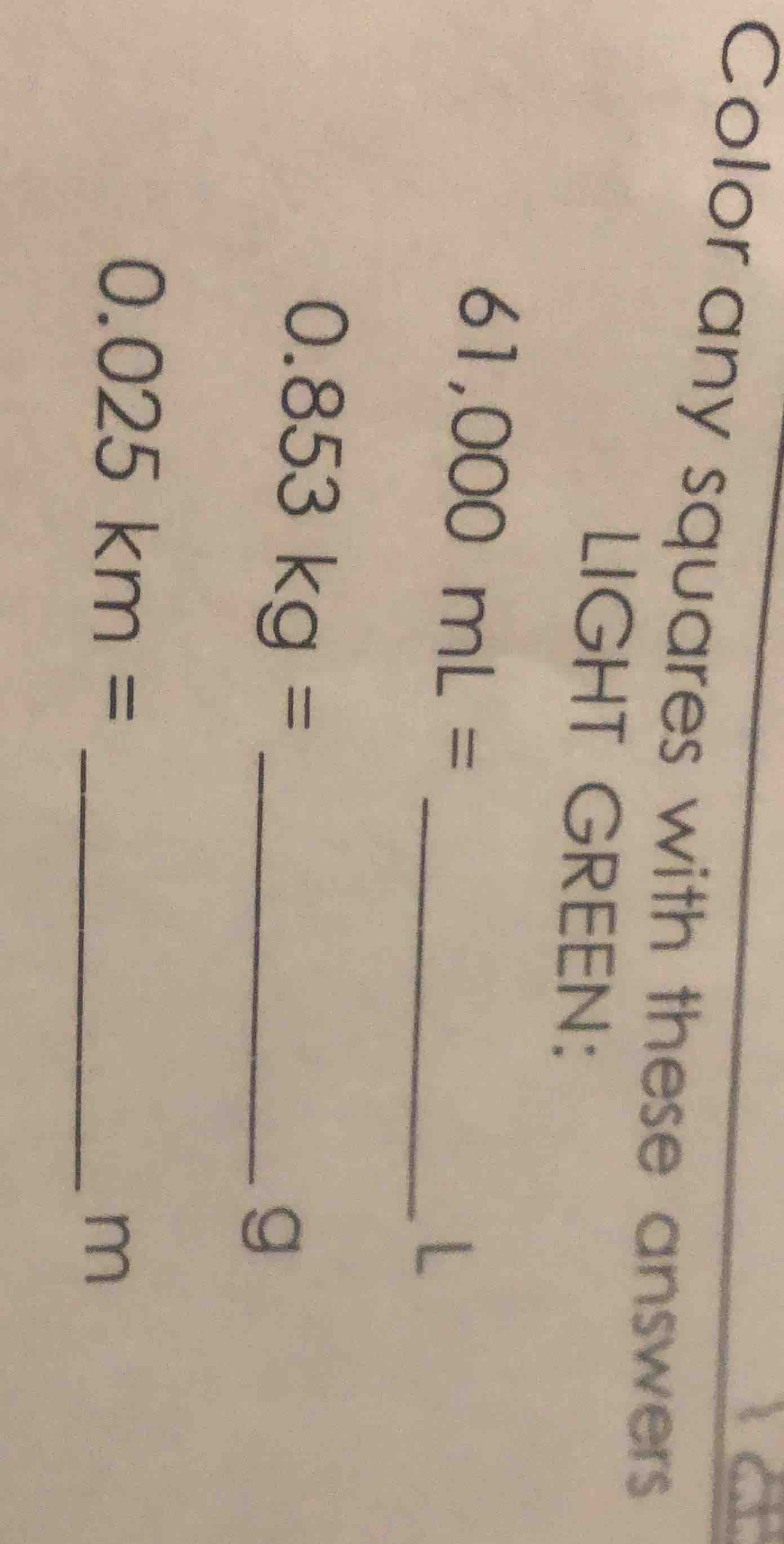 color any squares with these answers light green: 61,000 ml = ____ l 0.…