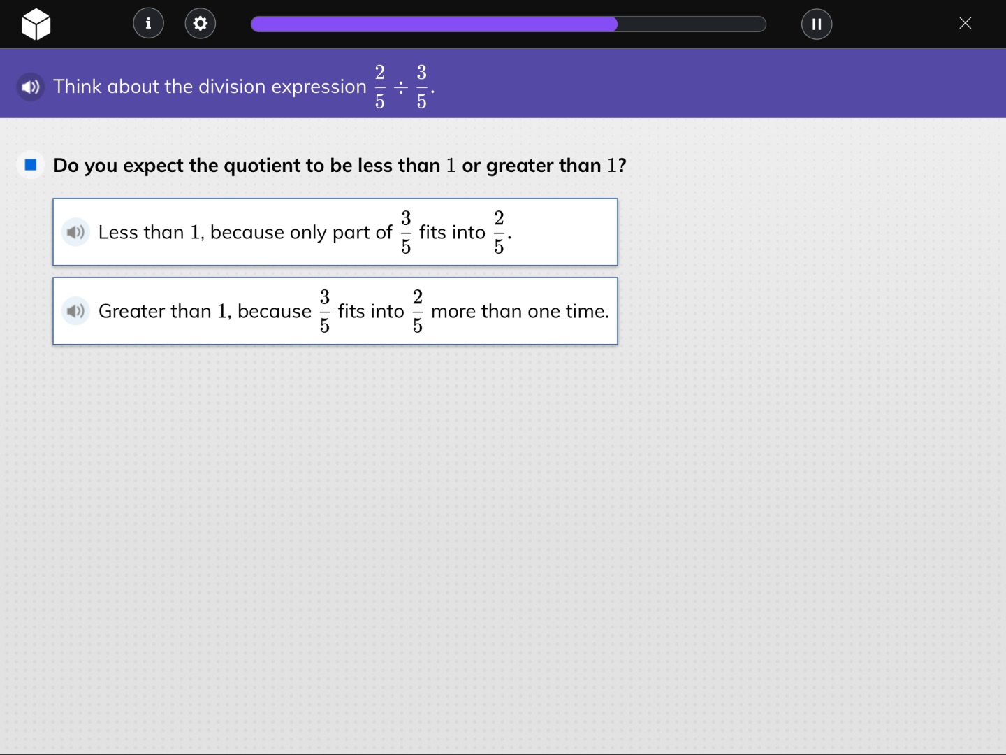 think about the division expression $\frac{2}{5} div \frac{3}{5}$. do y…