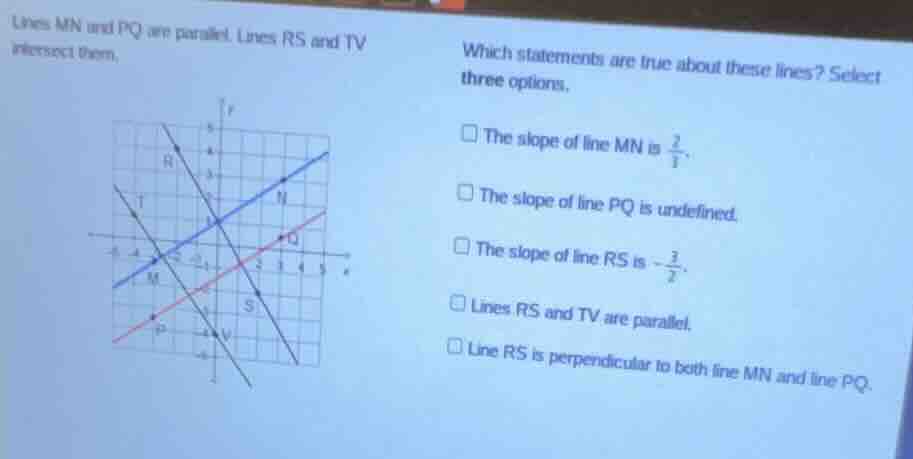 lines mn and pq are parallel. lines rs and tv intersect them. which sta…