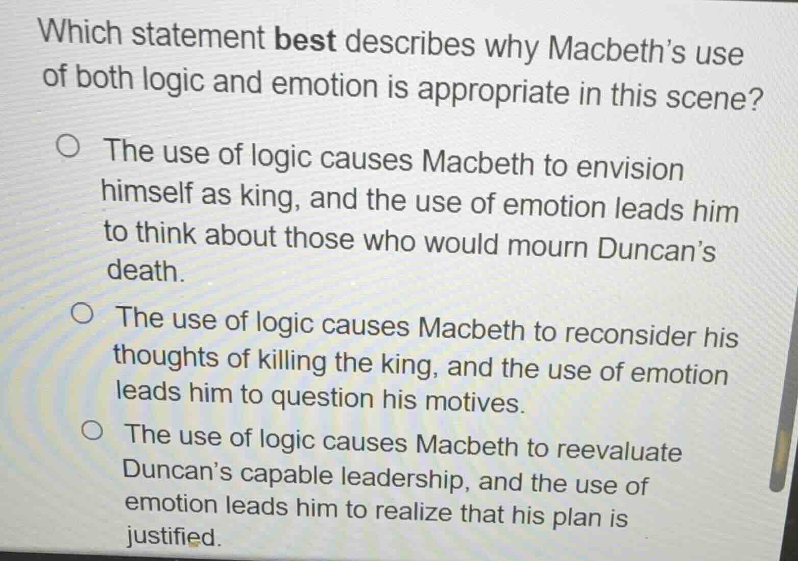 which statement best describes why macbeths use of both logic and emoti…