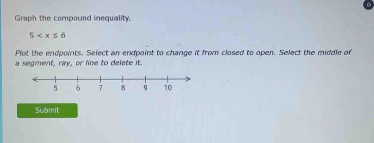 graph the compound inequality. $5 < x \\leq 6$ plot the endpoints. sele…