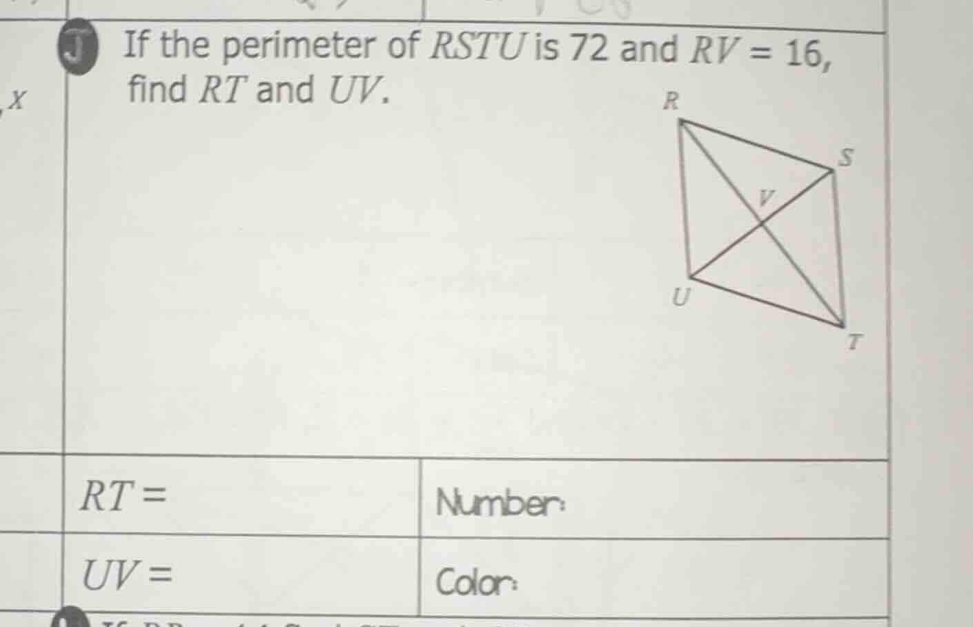 if the perimeter of $rstu$ is 72 and $rv = 16$, find $rt$ and $uv$. $rt…