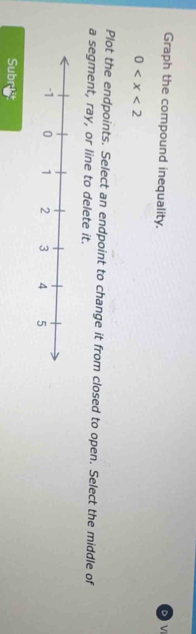graph the compound inequality. $0 < x < 2$ plot the endpoints. select a…