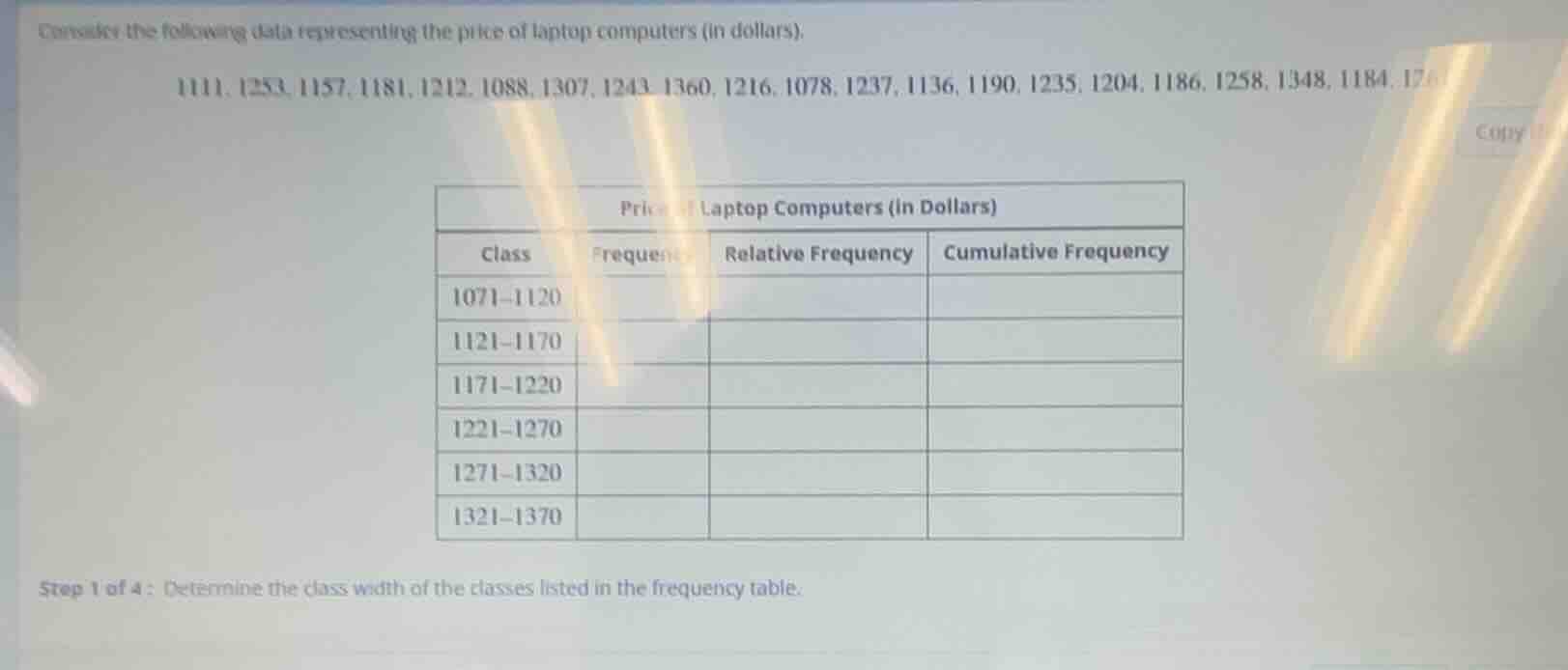 consider the following data representing the price of laptop computers …