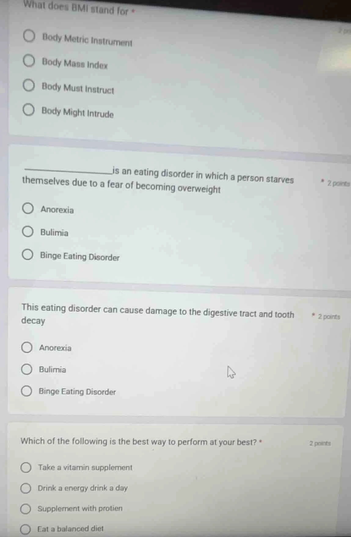 what does bmi stand for *○ body metric instrument○ body mass index○ bod…