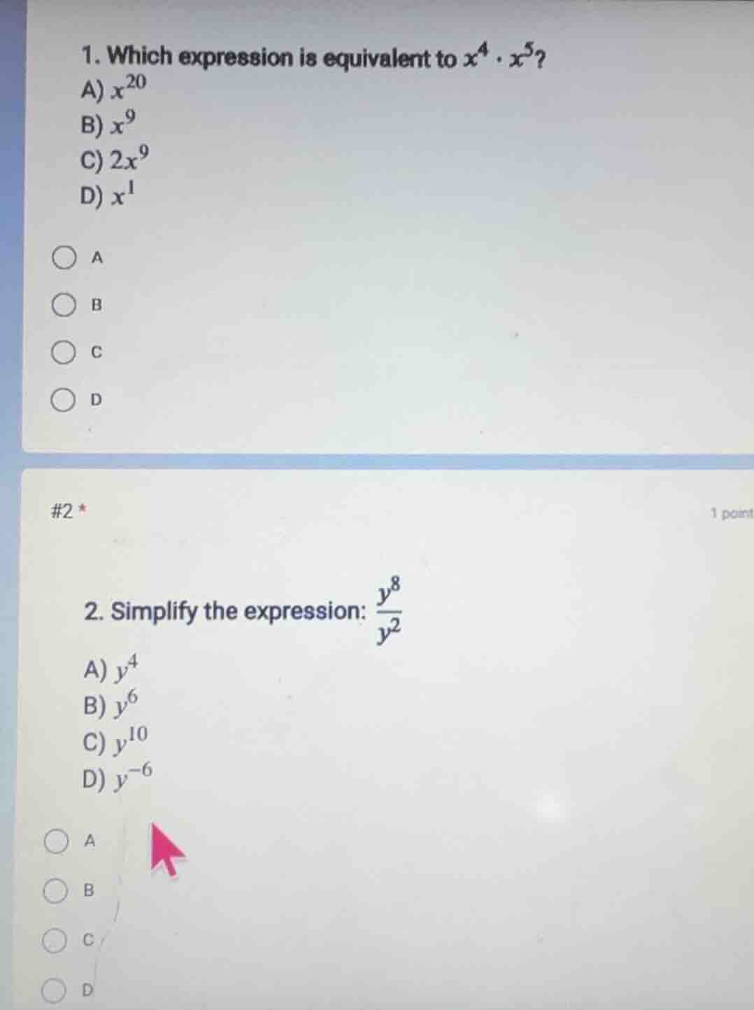 1. which expression is equivalent to $x^4 \\cdot x^5$? a) $x^{20}$ b) $…