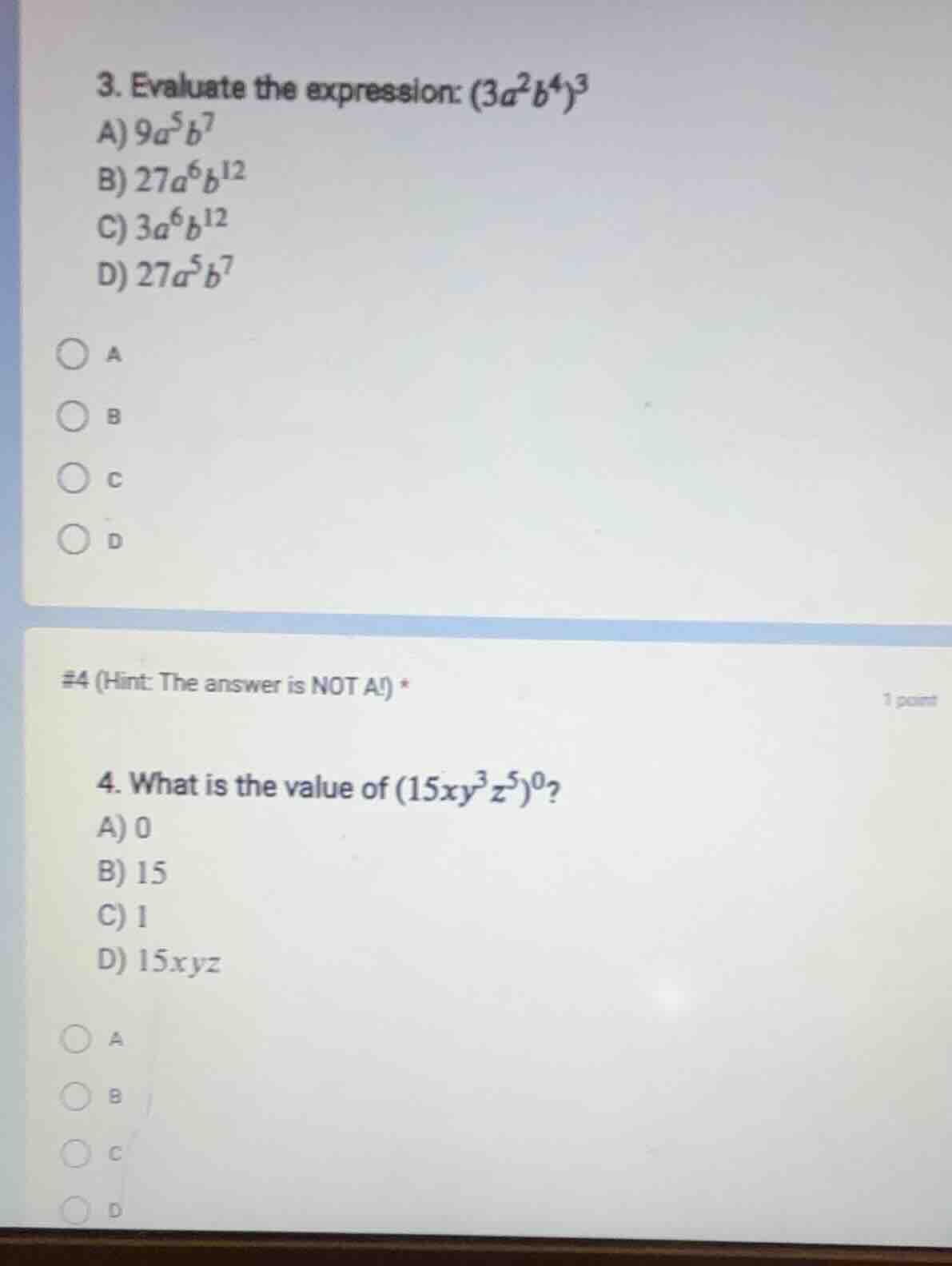 3. evaluate the expression: $(3a^{2}b^{4})^{3}$ a) $9a^{5}b^{7}$ b) $27…