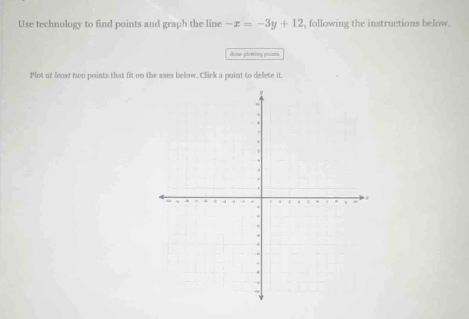 use technology to find points and graph the line $-x = -3y + 12$, follo…