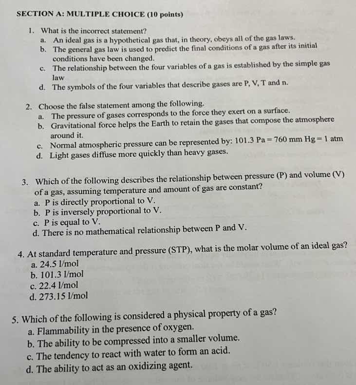 section a: multiple choice (10 points) 1. what is the incorrect stateme…