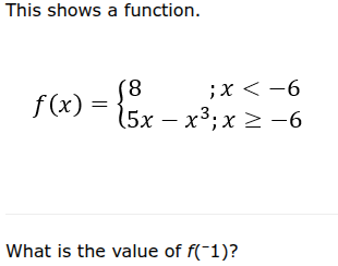 this shows a function. $f(x)=\\begin{cases}8&;x < -6\\\\5x - x^{3};&x \…