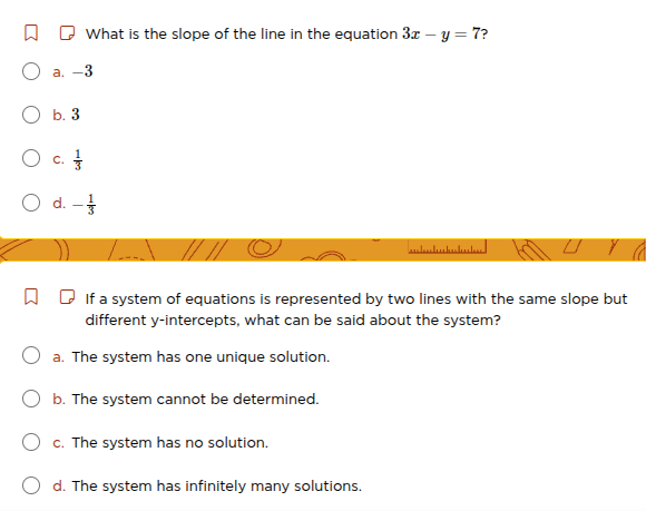 1. what is the slope of the line in the equation $3x - y = 7$? a. $-3$ …