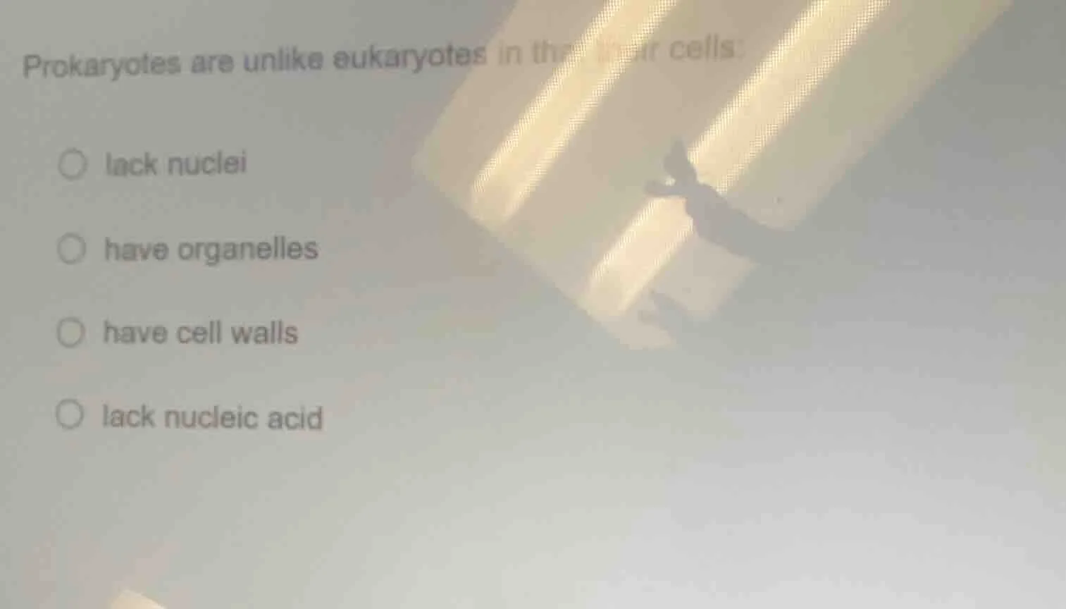 prokaryotes are unlike eukaryotes in that their cells:○ lack nuclei○ ha…
