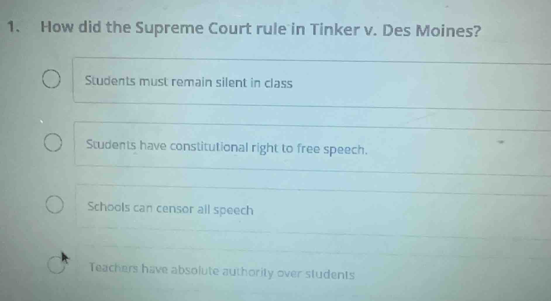 1. how did the supreme court rule in tinker v. des moines? students mus…
