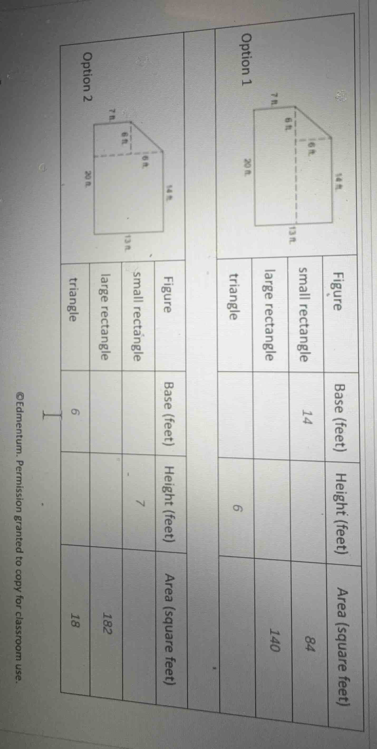 option 1 figure: a composite figure with side lengths 7 ft, 20 ft, 13 f…