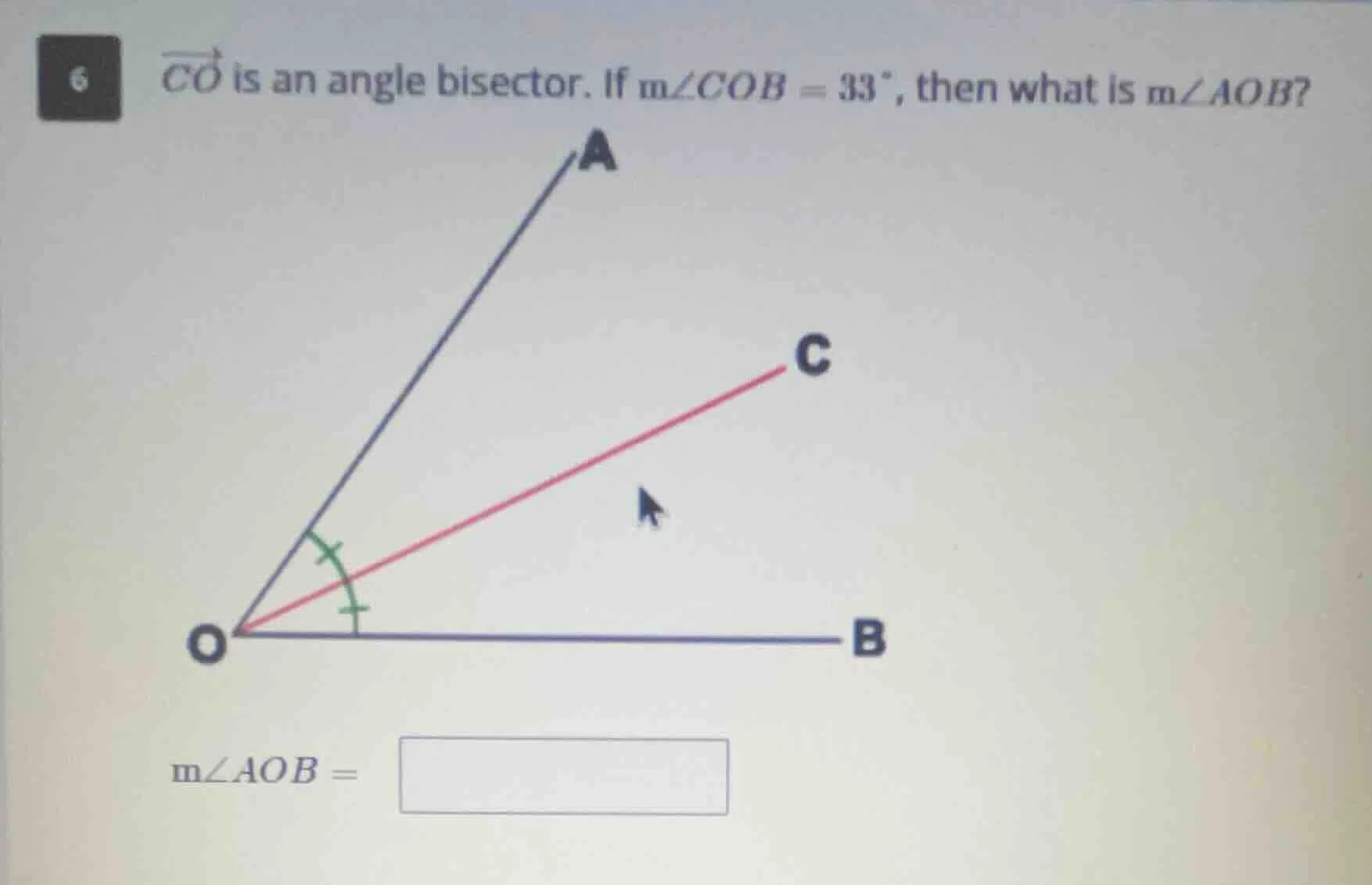 6 $overrightarrow{co}$ is an angle bisector. if $mangle cob = 33^circ$,…