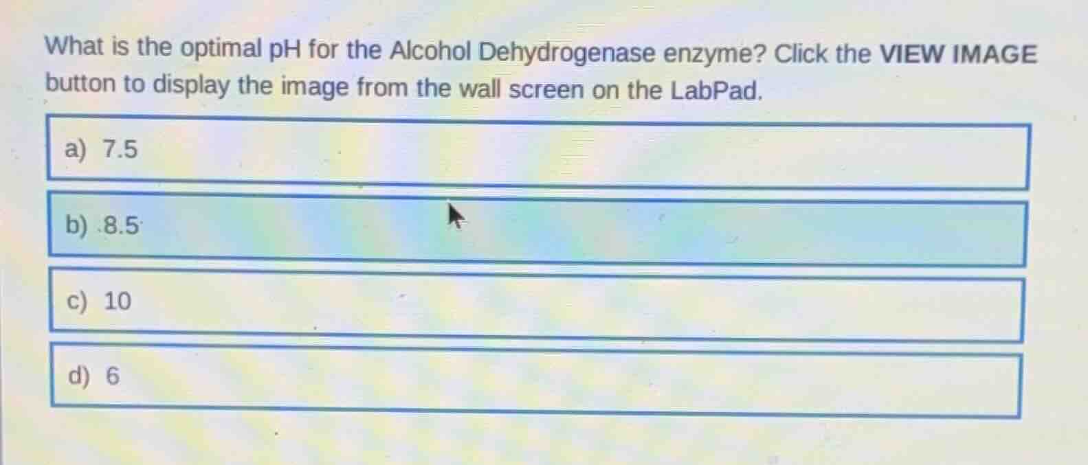 what is the optimal ph for the alcohol dehydrogenase enzyme? click the …