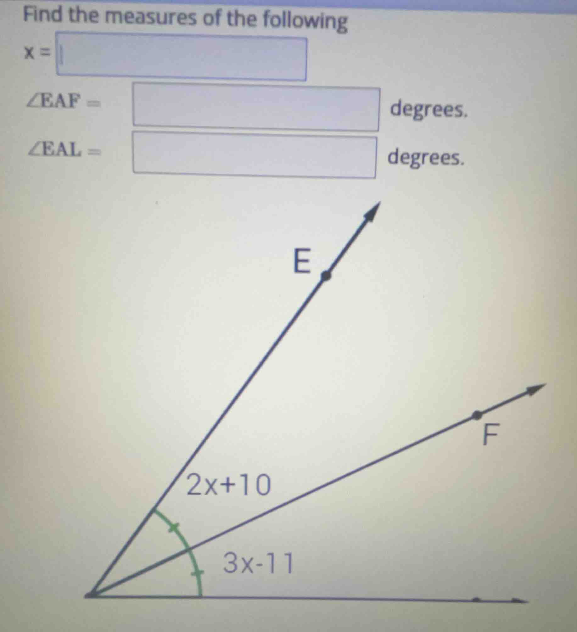 find the measures of the following $x = \\angle eaf = $ degrees. $\\ang…